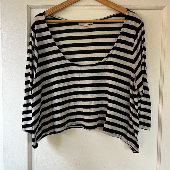 Petit Bateau Tops - Derek Heart Black and White Striped Long Sleeve Crop Top